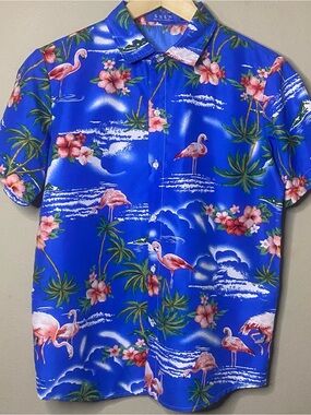 SSLR Collection Hawaiian Shirt Boys Large Button Up Blue Pink Flamingos Vacation